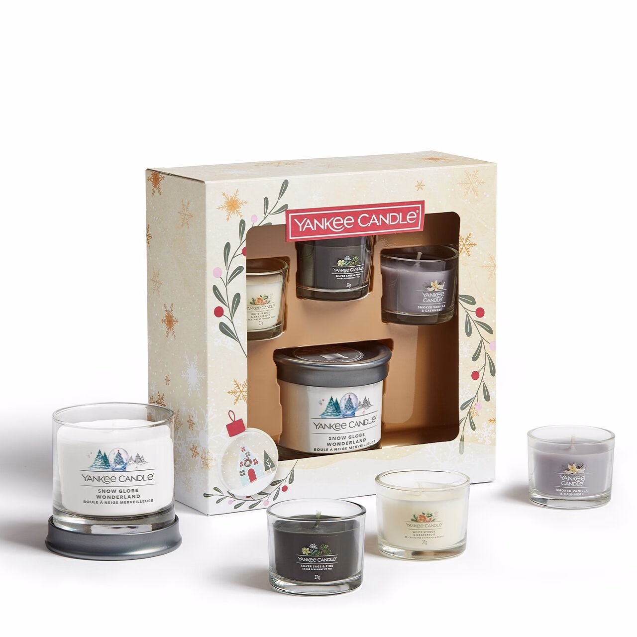 3 Glasvotivkerzen à 37g & kleiner Tumbler Geschenkset Weihnachten Snow Globe Wonderland