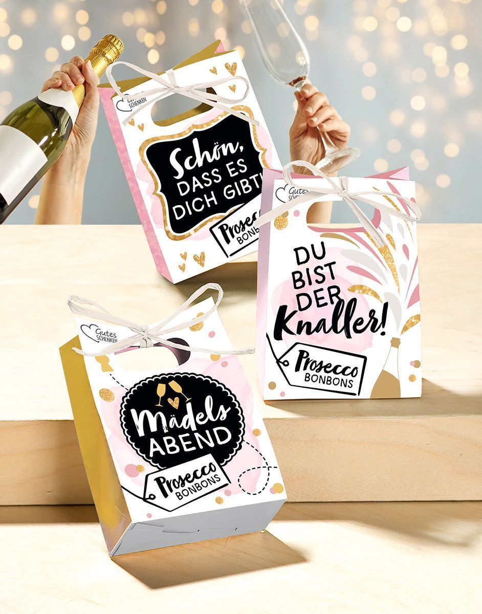 Prosecco Bonbons im Geschenktütchen "Mädelsabend" Werbung, Flasche