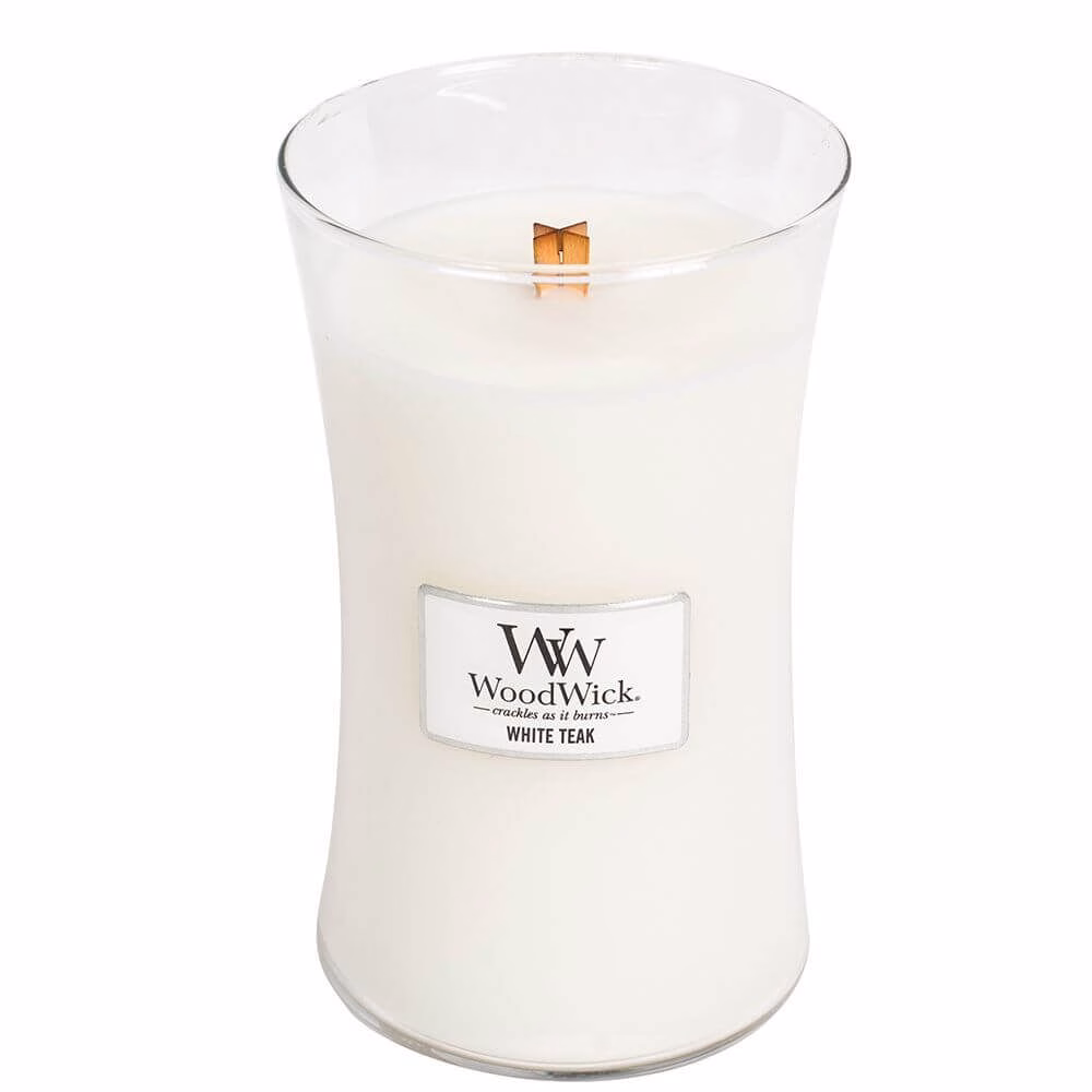 93039_topangle White Teak 610g von Woodwick offen