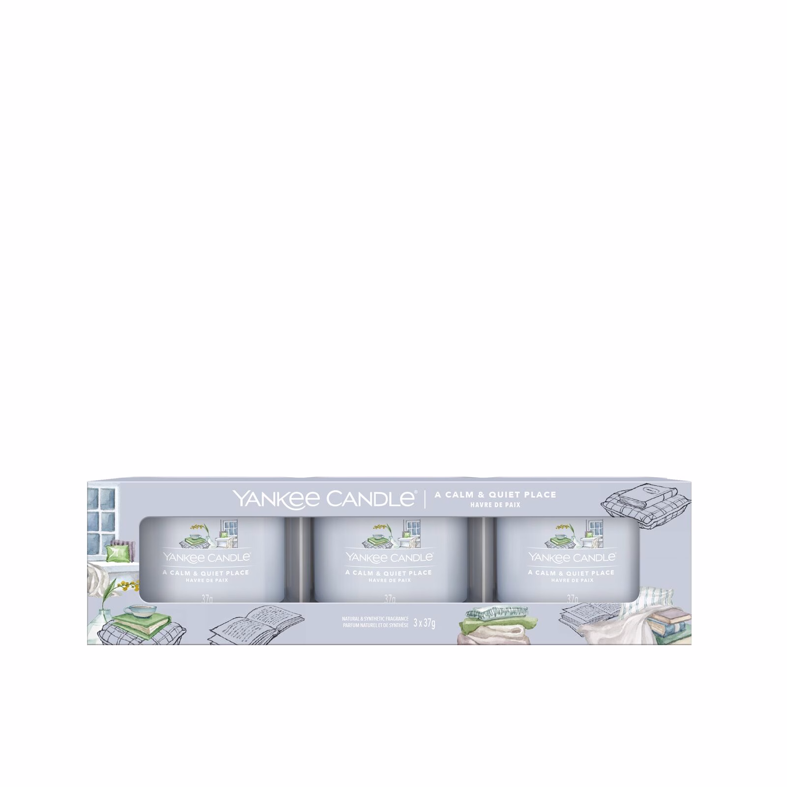 A Calm & Quiet Place 37g Glasvotivkerze 3er Pack