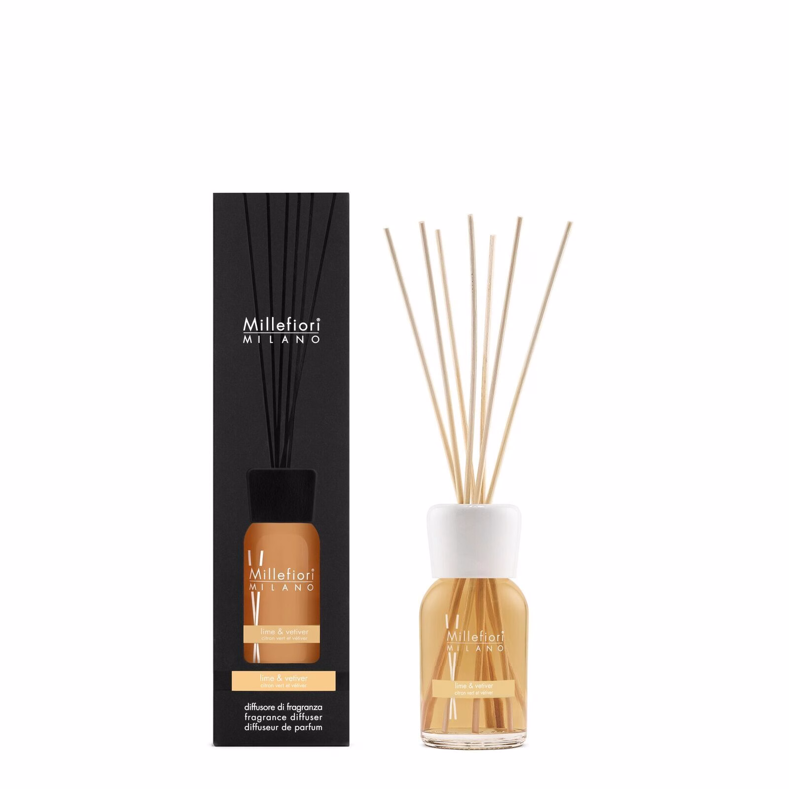 7MDLR_Millefiori-Milano_Reed-Diffuser-100ml_Prod-Pack_Lime-and-Vetiver Lime & Vetiver - Milano Reed Diffuser 100ml