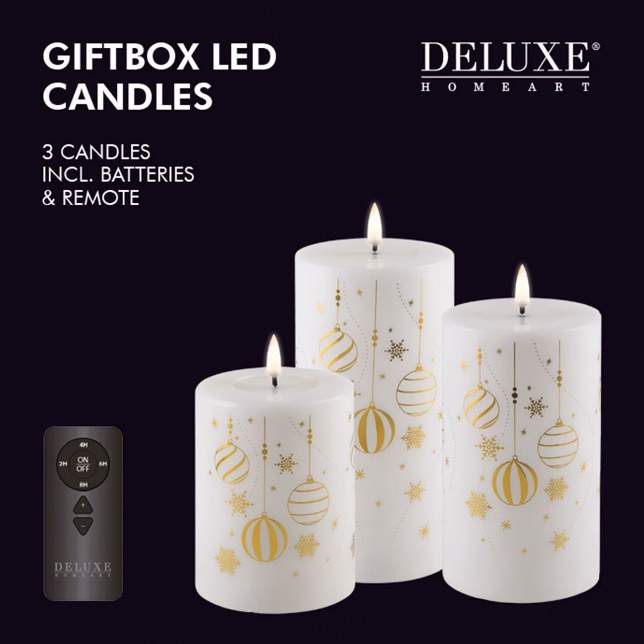 gold Weihnachts-Giftbox Stumpenkerzen LED weiß/gold mit Aufdruck und Diode