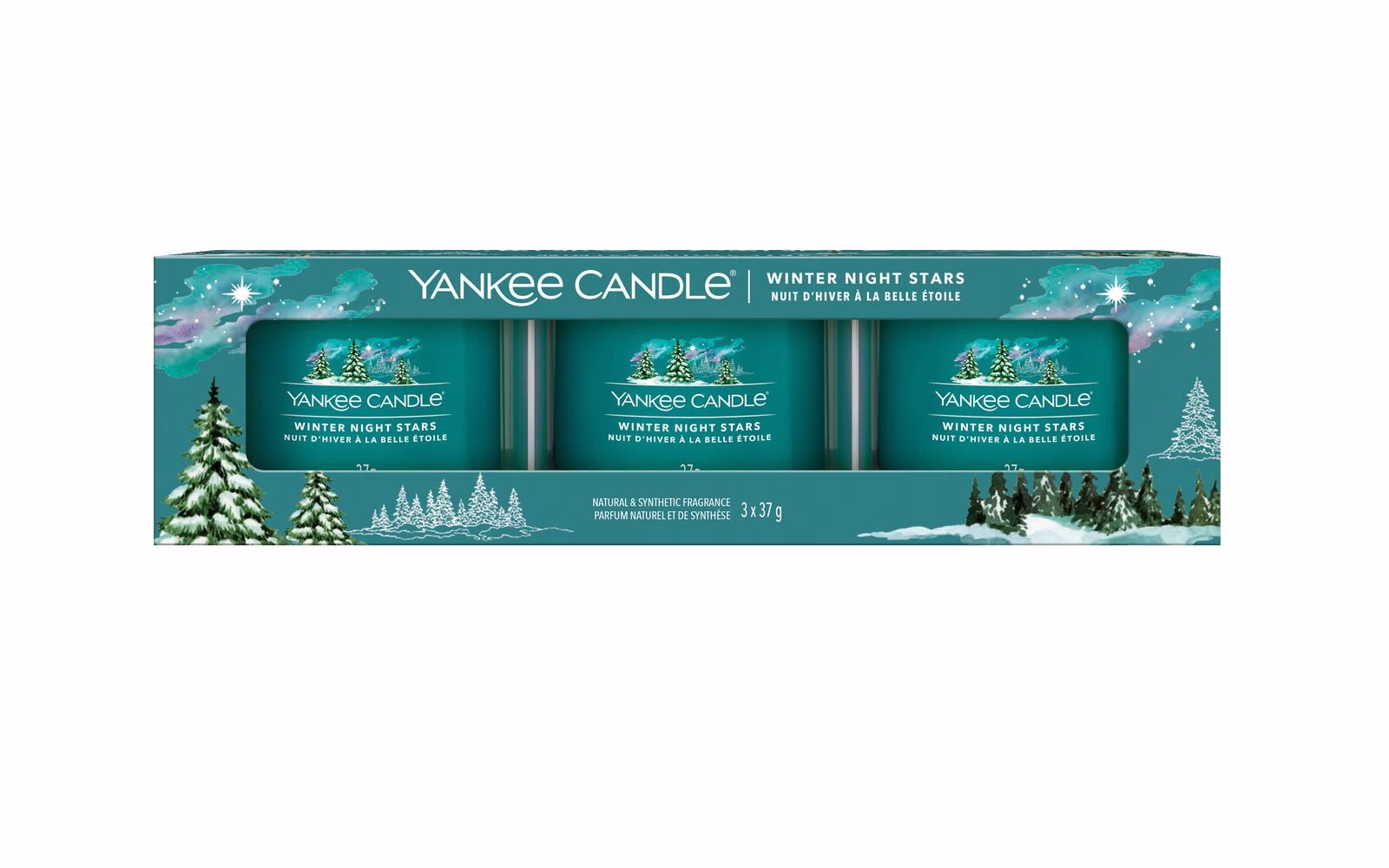 Winter Night Stars 37g Glasvotivkerze 3er Pack