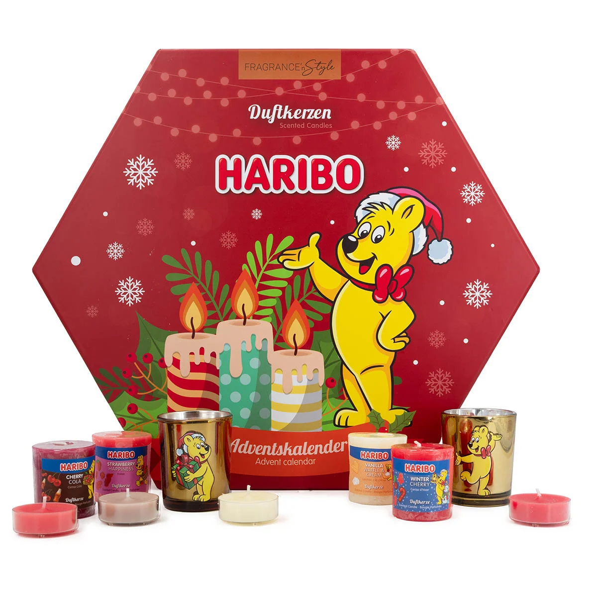 Haribo™ Adventskalender 2025 mit Teelichtern und Votiven Haribo™ Adventskalender 2025 mit Teelichtern und Votiven