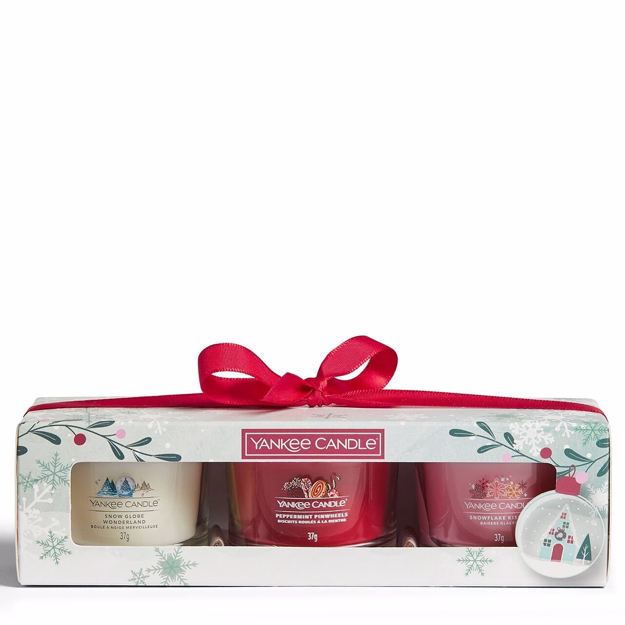 3 Glasvotivkerzen à 37g Geschenkset Weihnachten Snow Globe Wonderland
