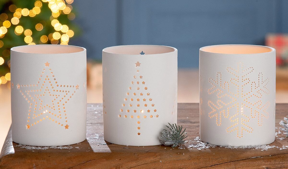 25891 Windlicht Weihnachten Keramik weiß 10cm (Baum)