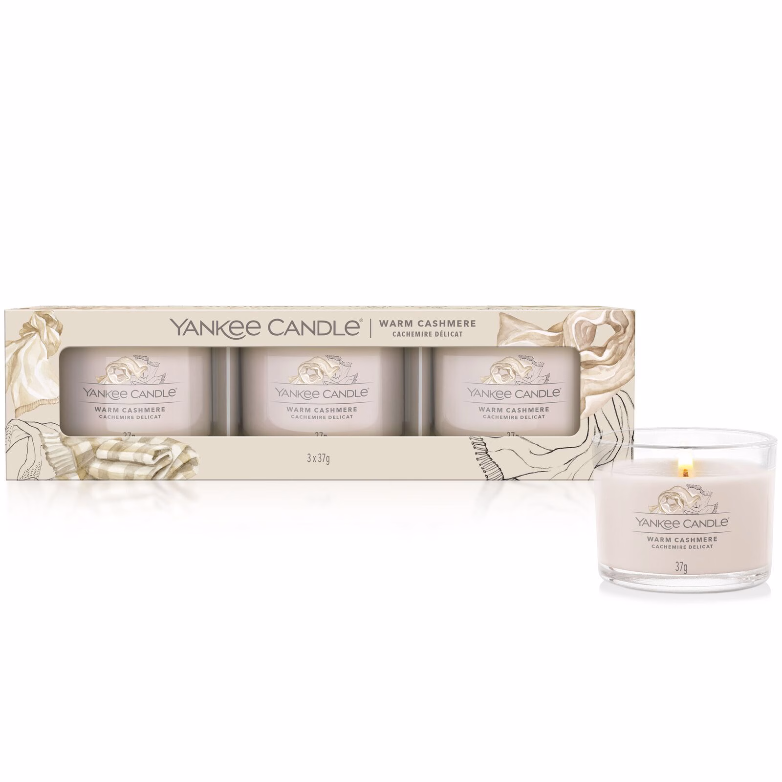 Warm Cashmere 37g Glasvotivkerze 3er Pack