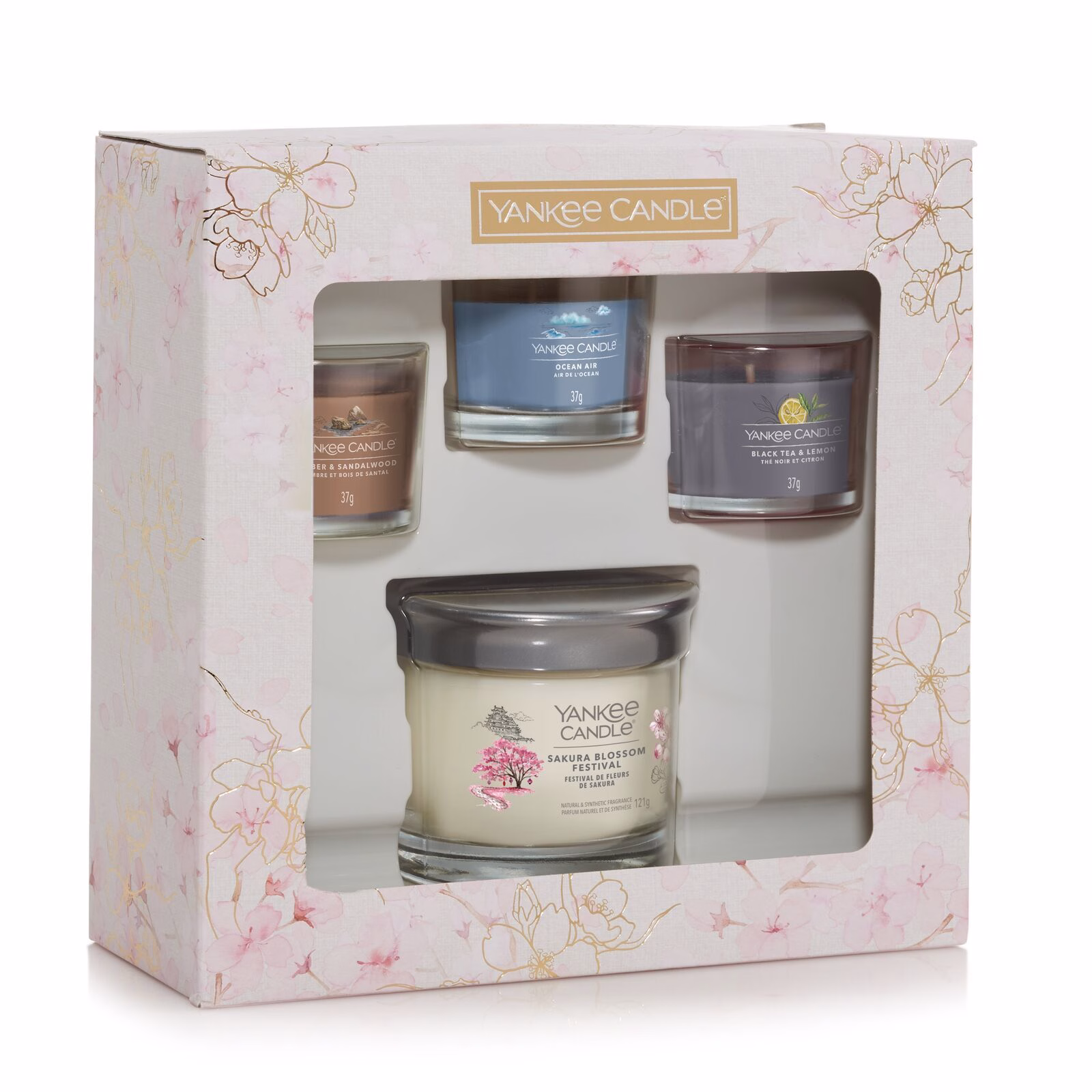 3 Glasvotivkerzen à 37g & kleiner Tumbler Geschenkset Sakura Blossom Festival