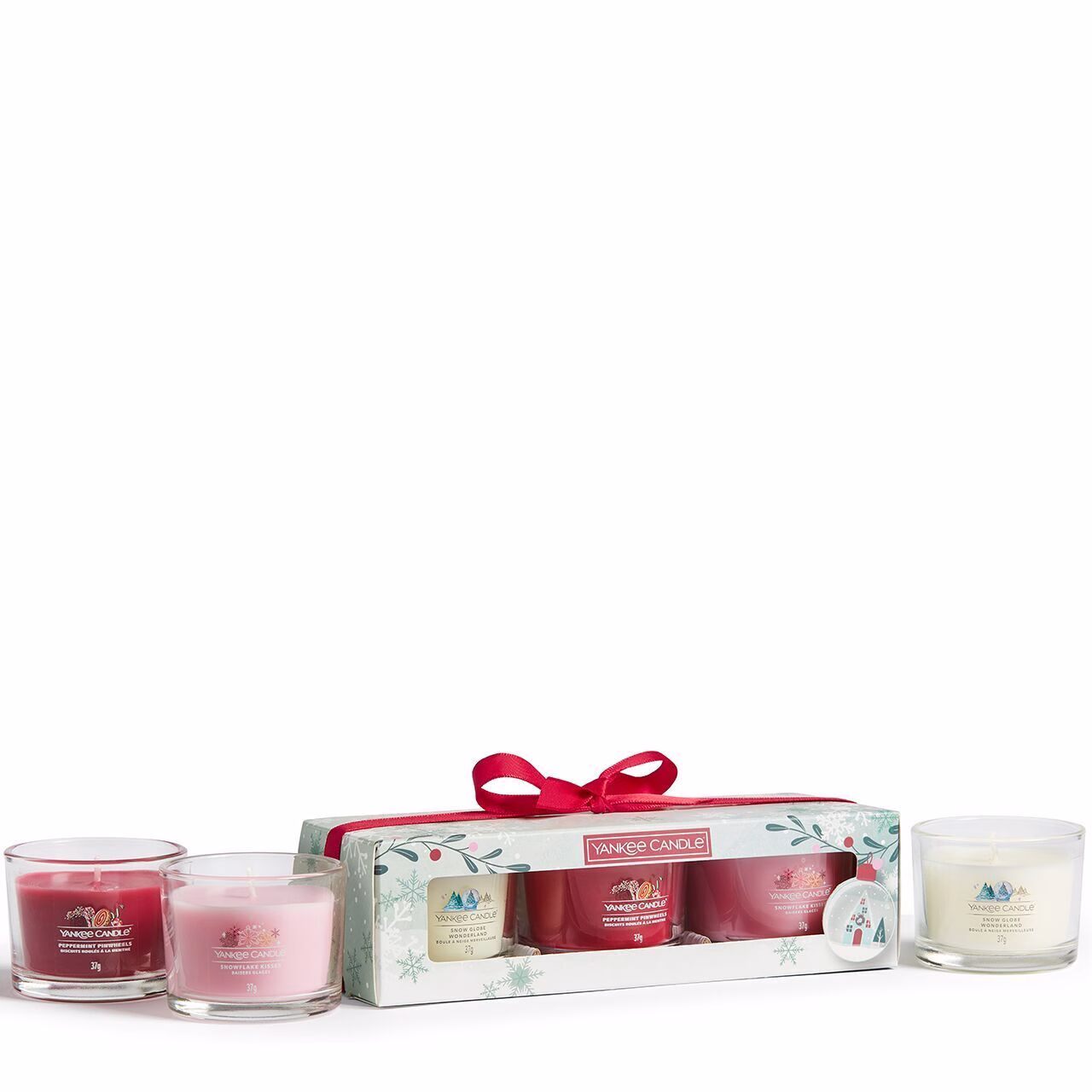 3 Glasvotivkerzen à 37g Geschenkset Weihnachten Snow Globe Wonderland