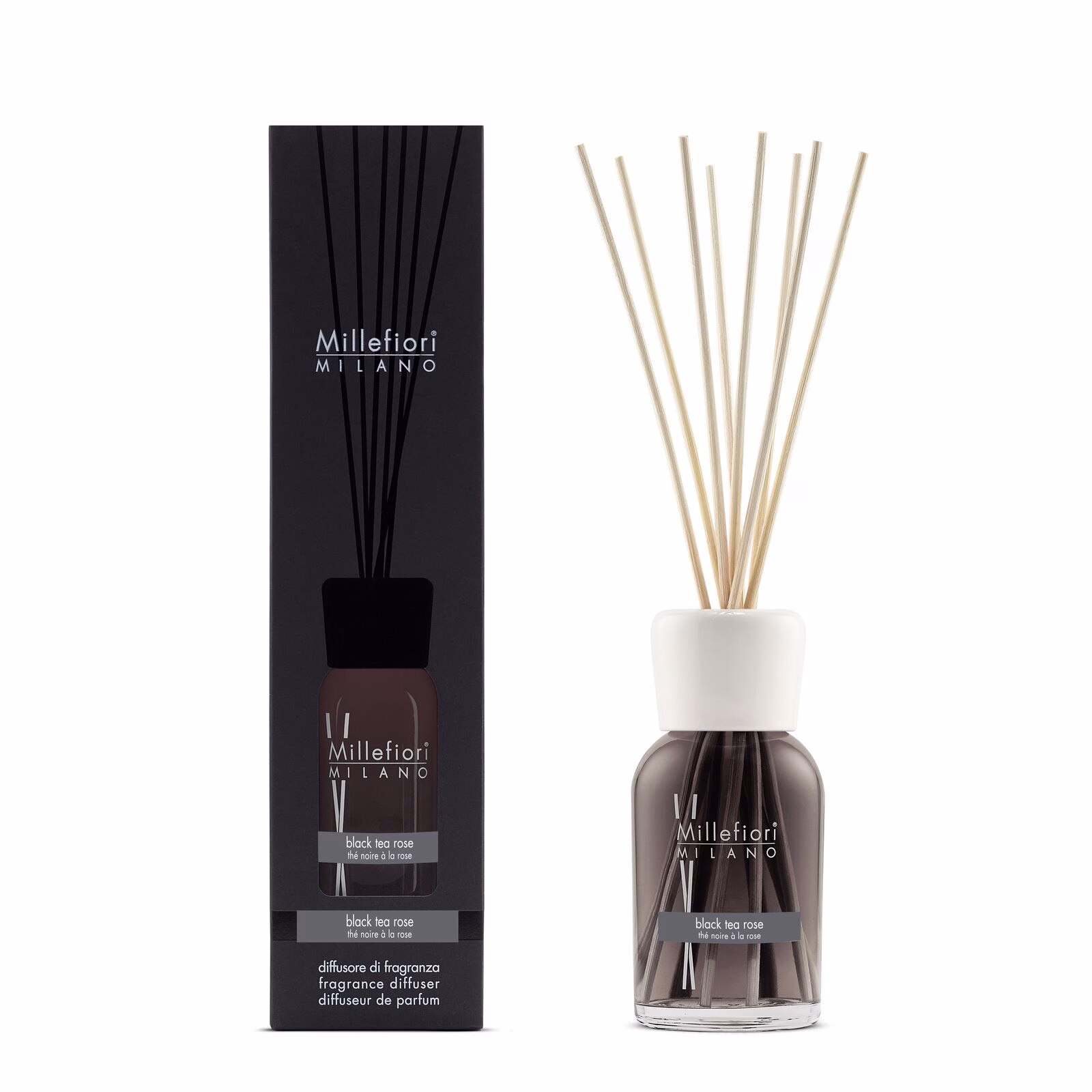 7DDBT_Millefiori-Milano_Reed-Diffuser-250ml_Product-and-Pack_Black-Tea-Rose Black Tea Rose - Milano Reed Diffuser 250ml