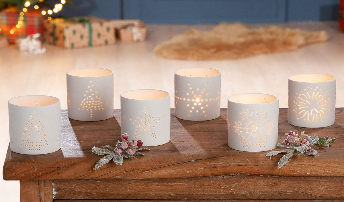 25889 Windlicht Weihnachten Keramik weiß 7cm Variante 2