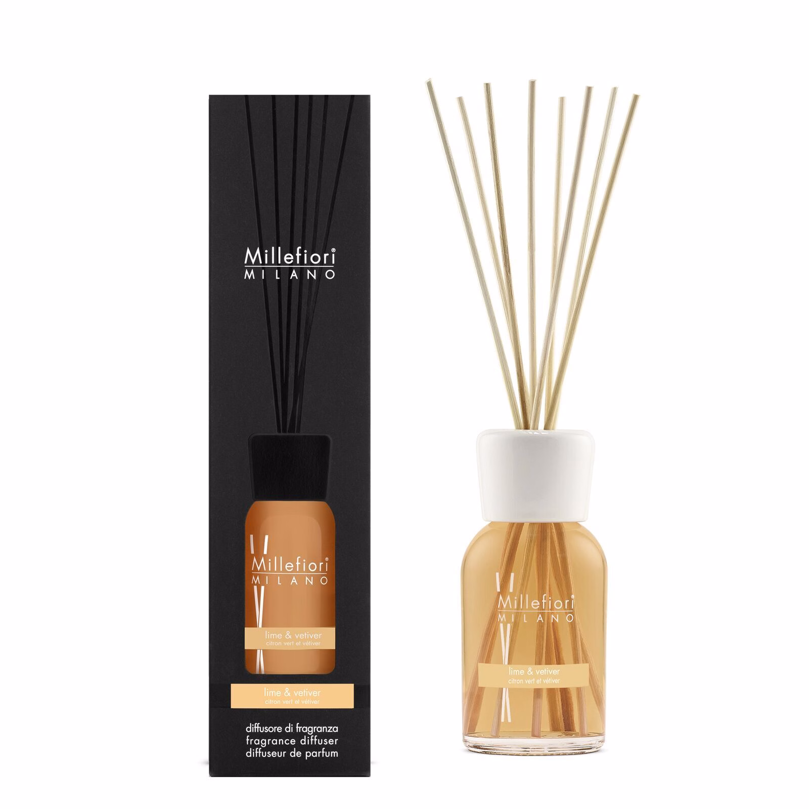 7DDLR_Millefiori-Milano_Reed-Diffuser-250ml_Prod-Pack_Lime-and-Vetiver Lime & Vetiver - Milano Reed Diffuser 250ml